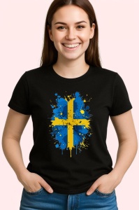 Tricou Sweden Steag Splash Art, Copii | Dama | Barbat, culoare negru - Img 4
