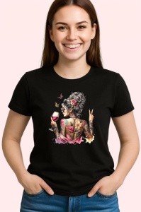 Tricou Tattooed girl back peace wine, fata tatuata cu spatele si semnul pacii cu pahar de vin, Copii | Dama | Barbat , tricou negru