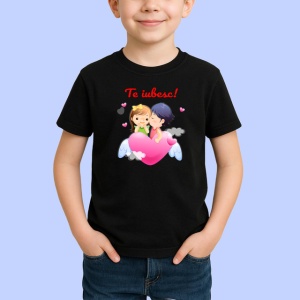Tricou Te Iubesc Cuplu Copii Pe Nori Inima Roz, din bumbac 100%, tricou negru Copii | Dama | Barbat