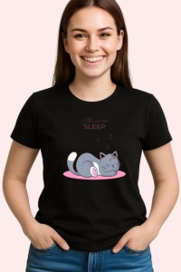 Tricou Time For Sleep Pisica Gri Dormind Luna, din bumbac 100%, tricou negru Copii | Dama | Barbat - Img 3