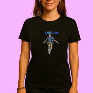 Tricou Travis Scott - ilustratie si miscare, muzica Hip-Hop / Rap, Dama | Barbat | Copii, Culoare Negru - Img 3
