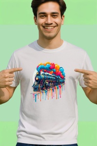 Tricou Tren cu baloane colorate si vopsea fundal alb Copii | Dama | Barbat - Img 2
