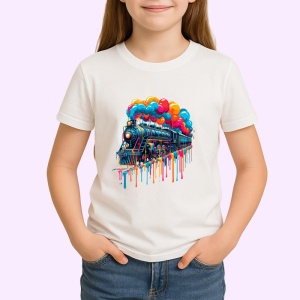 Tricou Tren cu baloane colorate si vopsea fundal alb Copii | Dama | Barbat - Img 3