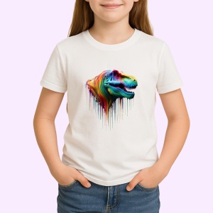 Tricou Tyrannosaurus rex in culori curcubeu fundal alb Copii | Dama | Barbat - Img 4