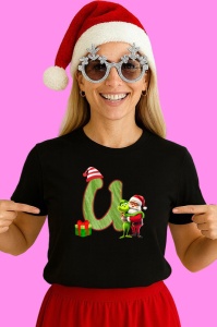 Tricou U Litere Craciun Cu Mos Si Spiridus Verde, din bumbac 100% Copii | Dama | Barbat - Img 3
