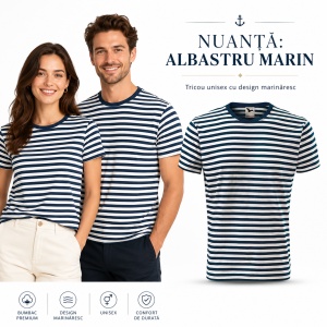 Tricou Unisex Damă și Bărbat Malfini 803 Sailor, Tip Marinăresc cu Dungi Alb–Albastru Marin, 100% Bumbac, 150 g/m², XS–3XL
