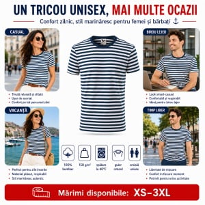 Tricou Unisex Damă și Bărbat Malfini 803 Sailor, Tip Marinăresc cu Dungi Alb–Albastru Marin, 100% Bumbac, 150 g/m², XS–3XL - Img 11