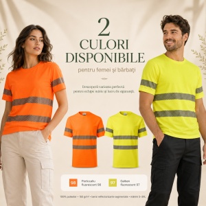 Tricou Unisex Damă și Bărbat Rimeck HV Dry, Vizibilitate Ridicată, Benzi Reflectorizante Segmentate, 100% Poliester, 150 g/m