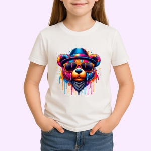 Tricou Urs cu palarie si ochelari fundal graffiti colorat Copii | Dama | Barbat - Img 4