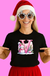 Tricou V Litera Craciun Roz Cu Om De Zapada Fulgi De Zapada, din bumbac 100% Copii | Dama | Barbat