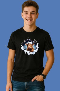 Tricou Vaca Highland Cu Fundal Inchis Si Privire Blajina Craciun, din bumbac 100% Copii | Dama | Barbat