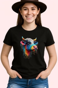 Tricou Vaca multicolora ferma reinterpretata in stil modern Copii | Dama | Barbat, culoare negru - Img 1