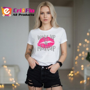 Tricou Wake Up And Makeup Buze Roz Ruj Negru, din bumbac 100% , tricou alb pentru Dama - Img 2