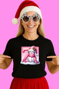 Tricou Z Litera Craciun Roz Cu Om De Zapada Fulgi De Zapada, din bumbac 100% Copii | Dama | Barbat - Img 3