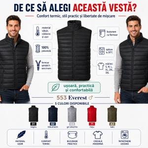 Vestă Bărbați tip Jachetă Fără Mâneci, Matlasată, Ușoară și Călduroasă – Everest 553 - Img 3