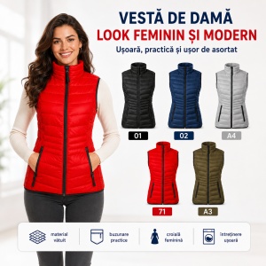 Vestă Damă tip Jachetă fără Mâneci, Matlasată, Ușoară și Călduroasă – Everest 554