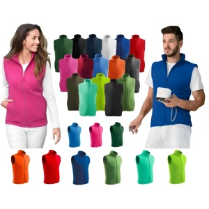 Femeie si barbat imbracati in vesta fleece polar unisex si o imagine a culorilor disponibile verde, roz, negru, albastru, portocaliu, gri