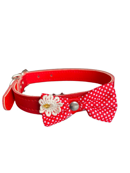 Zgarda Piele Naturala 15 mm x 37 cm, cu Fundita, cu Buline si Floare, Rosu