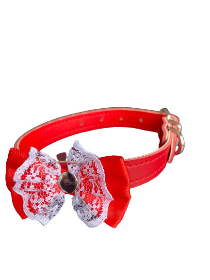 Zgarda Piele Naturala 15 mm x 37 cm, cu Fundita Rosie si Dantela