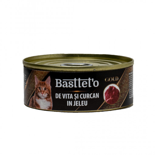 Hrana Umeda Pentru Pisici, Basteto Gold, Cu Carne De Vita Si Curcan In Jeleu, 85 g