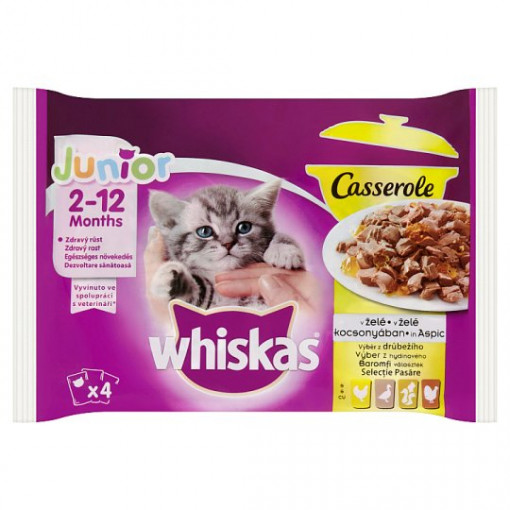Whiskas Hrana Umeda pentru Pisici Junior, Pui in Aspic, Casserole, 4 x 85 g