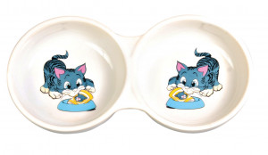 Castron Ceramic Dublu pentru Pisici, 2 x 0.15 l/11 cm/23 x 3 x 11 cm, Alb