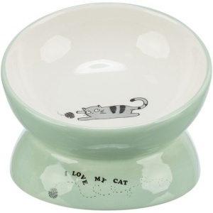 Castron Ceramic Pentru Pisici, Ridicat, Forma Ergonomica, 0.15 l/Ã¸ 13 cm, Verde Salvie/Alb