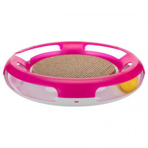 Jucarie 2in1 Pentru Pisici, Race & Scratch, Plastic/Carton, 37 cm, Roz/Alb