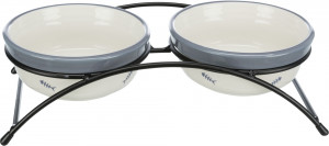 Set 2 Castroane Ceramice cu Suport Metalic, 2 x 0.3 l/12 cm/26 x 7 x 14 cm, Alb/Albastru-Gri - Img 3