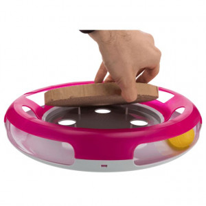 Jucarie 2in1 Pentru Pisici, Race & Scratch, Plastic/Carton, 37 cm, Roz/Alb - Img 4
