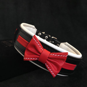 Zgarda Bowtie-Papion, Piele Naturala, Diverse Culori, Culoare Negru/Rosu, Marime S, Produs Redus