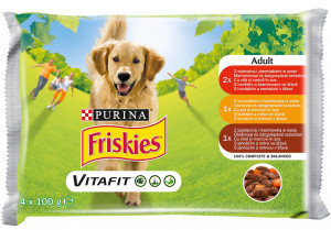 Friskies Dog Hrana Umeda cu Vita, Pui, Miel, Cartofi, Morcov, 4 x 100 g