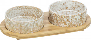 Set 2 Castroane Ceramice cu Suport din Bambus, Alb/Maro, Dimensiune 2 x 0.3 l/ø 12 cm/30 x 6 x 15 cm