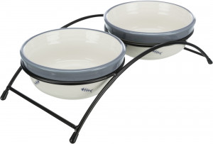 Set 2 Castroane Ceramice cu Suport Metalic, 2 x 0.3 l/12 cm/26 x 7 x 14 cm, Alb/Albastru-Gri