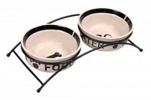 Set 2 Castroane Ceramice cu Suport Metalic, Alb/Negru, Dimensiune 2 x 0.6 l/ø 15 cm/32 x 9 x 15 cm