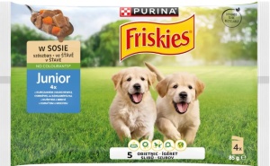 Hrana Umeda Pentru Caini, Friskies Junior, cu Pui si Morcovi in Sos, 4x85 g