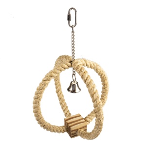 Jucarie pentru Pasari, Coarda din Sisal cu Cub de Lemn si Clopotel, 33 x 22 x 22 cm