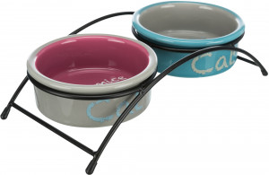 Set 2 Castroane Ceramice cu Suport Metalic, 2 x 0.3 l/12 cm/26 x 7 x 13 cm, Gri/Roz/Albastru