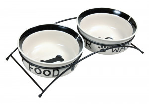Set 2 Castroane Ceramice cu Suport Metalic, Alb/Negru, Dimensiune 2 x 1,6 l/ø 20 cm/41 x 10 x 20 cm