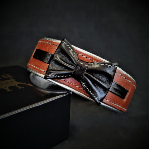 Zgarda Bowtie-Papion, Piele Naturala, Diverse Culori, Culoare Maro, Marime M, Produs Redus - Img 2