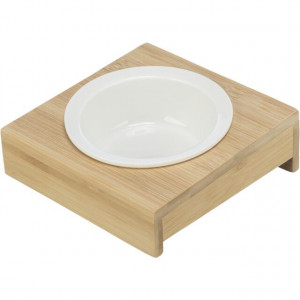 Bol Ceramic cu Suport din Bambus, 0.25 l / 12 cm / 15 x 5 x 15 cm, Alb/Bej