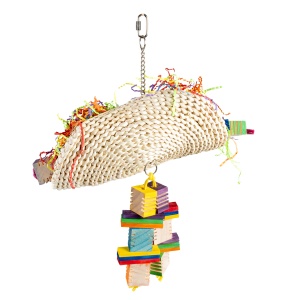 Jucarie pentru Pasari, Taco de Porumb cu Cuburi de Lemn, Multicolor, M: 36 x 19 x 40 cm