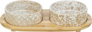 Set 2 Castroane Ceramice cu Suport din Bambus, Alb/Maro, Dimensiune 2 x 0.8 l/ø 16 cm/39 x 8 x 20 cm - Img 5