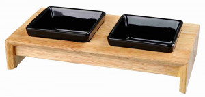 Set 2 Castroane Ceramice cu Suport Lemn, Negru/Maro Deschis, 2 buc, Dimensiune 2 x 0.2 l/10 x 10 cm/28 x 5 x 15 cm