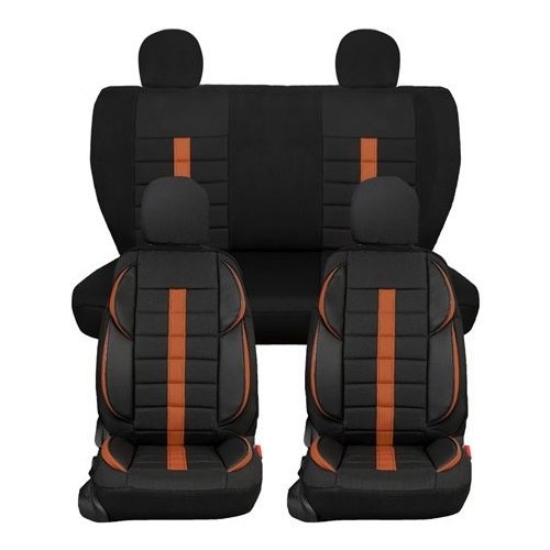 Set huse scaune auto, universale, fata-spate, negru cu dunga maro, textil si piele ecologica