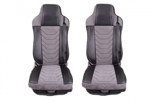 Set huse scaune camion compatibile SCANIA R G P 2005-2016, tetiere integrate, piele ecologica cu catifea, negru cu gri