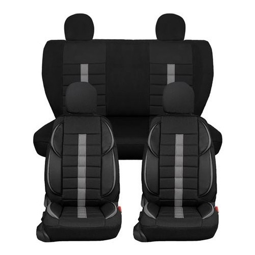 Set huse scaune auto, universale, fata-spate, negru cu dunga gri, textil si piele ecologica