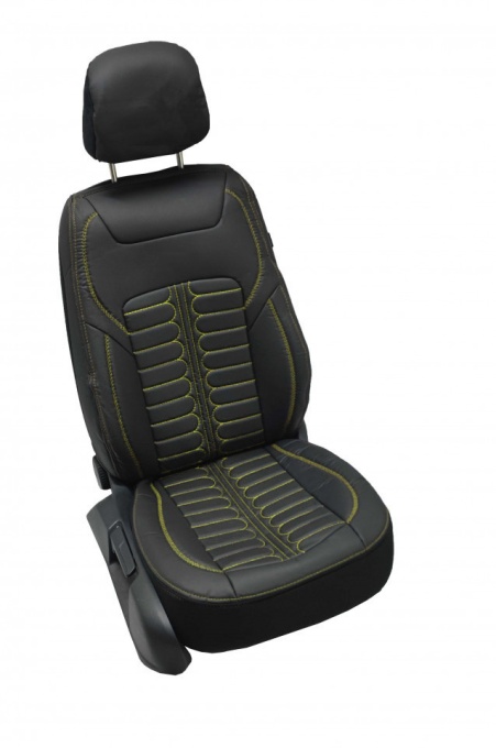 Set huse piele ecologica pentru scaune, negru cu cusatura galbena, universale, fata-spate, Milano Design