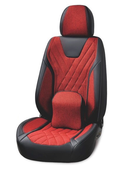 Set huse scaune auto universale, piele ecologica neagra cu material textil rosu, fata-spate