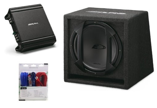 Pachet Subwoofer auto Alpine SBE-1044BR + Amplificator MRV-M250 + cabluri LK-10